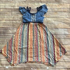 Jona Michelle Denim Blue and Vibrant Patterned Kids Dress